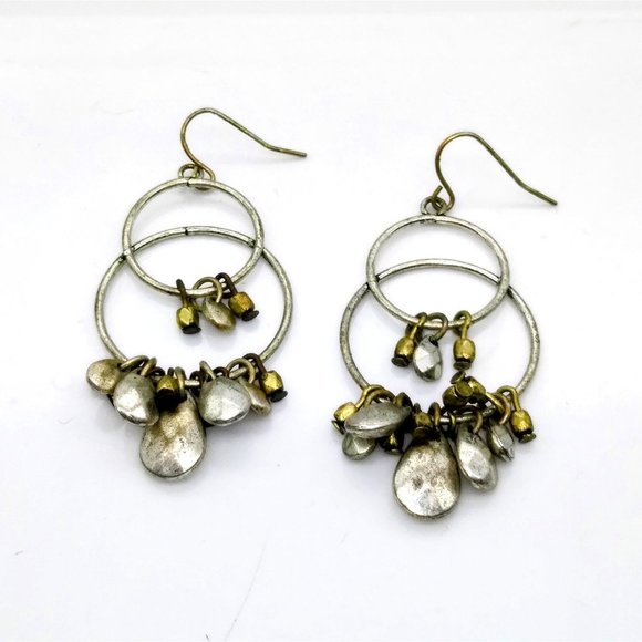 Vintage Double Hoop Drop Earrings with Silver Tone Hammered Dangles and Fun Move - Picture 2 of 5